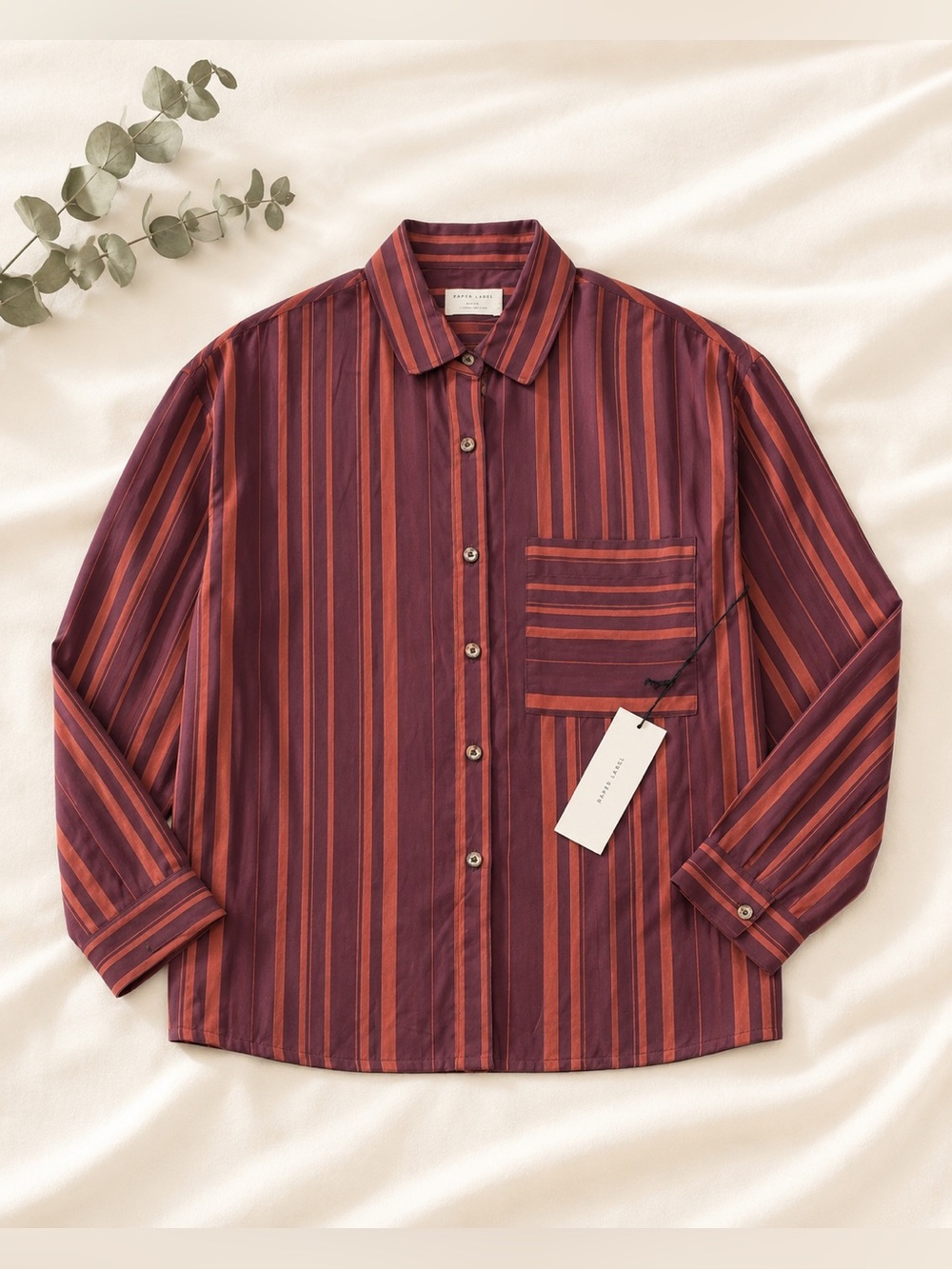 Women's Striped Button-Down Shirt in Burgundy & Rust